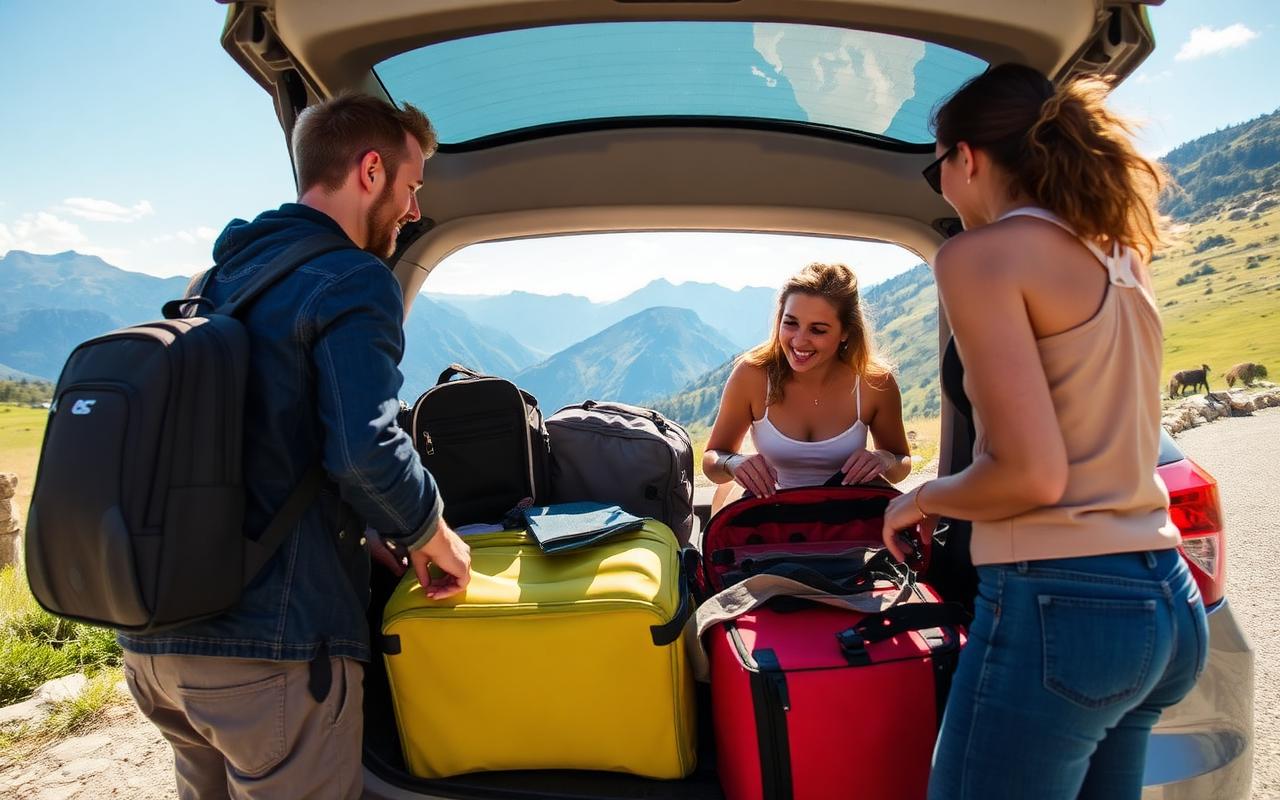 Friends loading luggage for a Balkan road trip